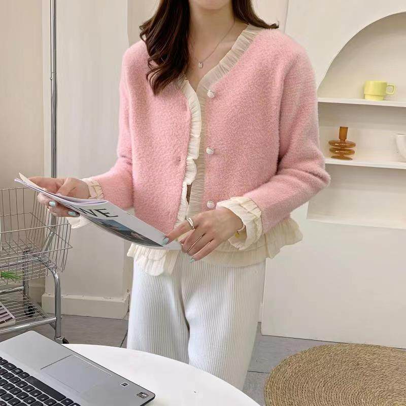 2025秋冬季新款短款荷叶边针织开衫女小个子仿水貂绒宽松毛衣外套,女装/女士精品,毛针织衫,淘宝优惠券,粉丝福利购,淘宝优惠卷