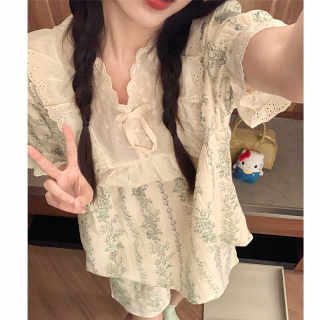 公主风睡衣女夏季双层棉纱短袖短裤碎花甜美蕾丝花边领家居服套装