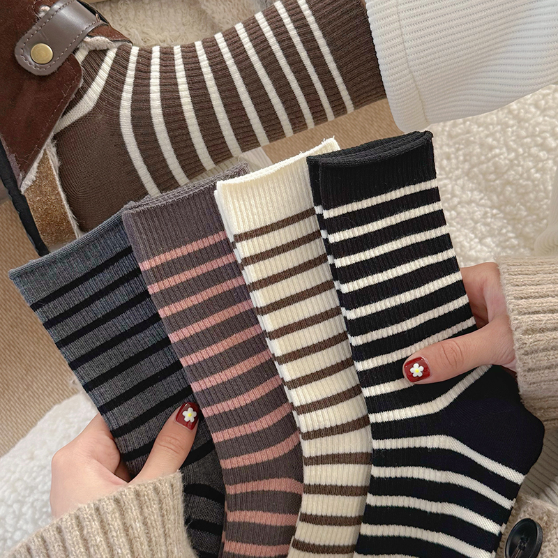 条纹袜子女纯棉卷边中筒袜春秋ins潮韩版网红女生长筒堆堆袜秋冬
