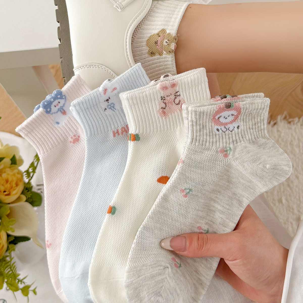 可爱袜子女短筒袜夏季薄款透气棉袜无骨立体卡通小熊低帮浅口船袜