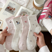 粉色点子纱蝴蝶结袜子女中筒袜夏季 棉袜日系可爱少女无骨运动春秋