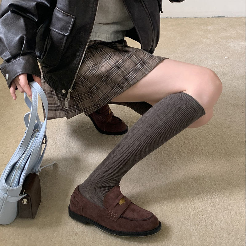 秋冬新款日系长筒靴袜美拉德色双针暗纹竖条及膝小腿袜ins潮袜女