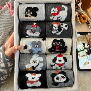 灰色系袜子女中筒袜秋冬季棉袜加厚保暖ins韩版可爱卡通无骨长袜