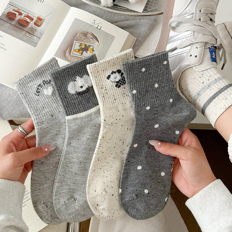 灰色卡通小狗袜子女中筒袜秋冬季透气棉袜可爱日系波点少女运动风