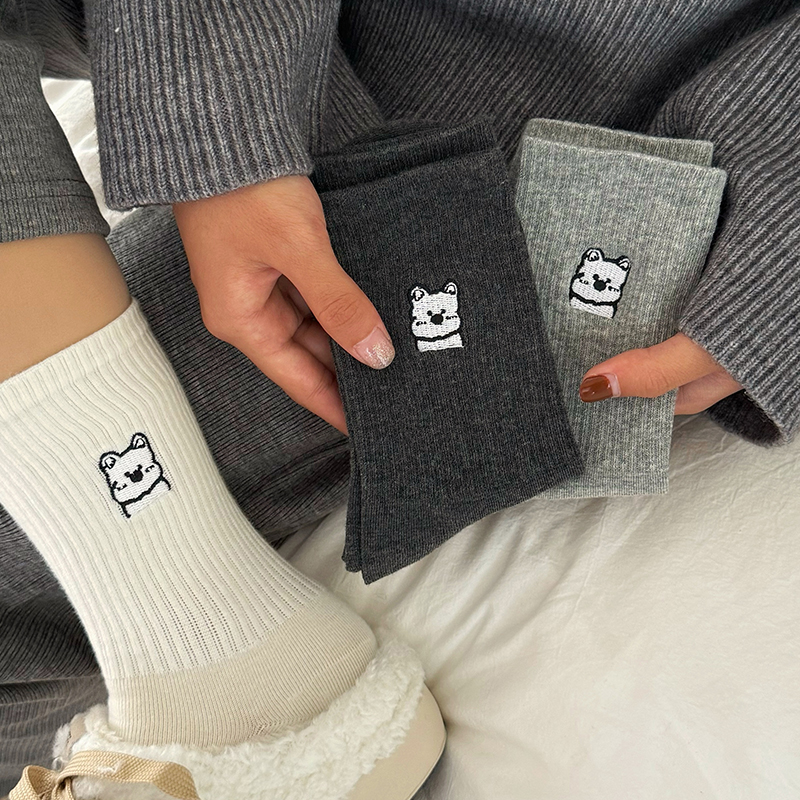 卡通小狗袜子女中筒秋冬款棉袜ins潮简约韩版勃肯鞋运动春秋长袜