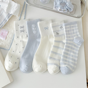 浅蓝袜子女中筒袜秋冬款 棉袜ins潮日系百搭无骨运动风蝴蝶结长袜
