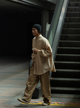 NOEARS粉杏色翻领落肩宽肥纯棉衬衫男长袖日系复古休闲衬衣大码潮