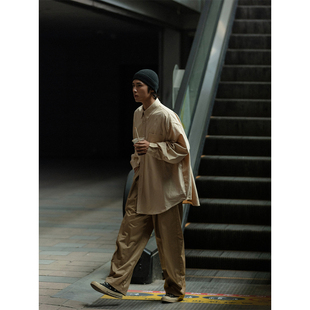 潮 日系复古休闲衬衣大码 NOEARS粉杏色翻领落肩宽肥纯棉衬衫 男长袖