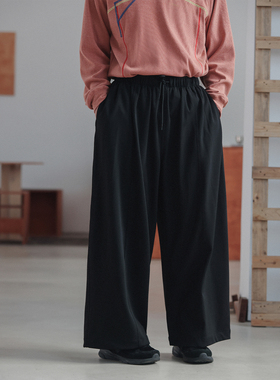 NOEARS日系复古黑色宽松松紧腰针织长裤春秋抽绳直筒垂感休闲裤