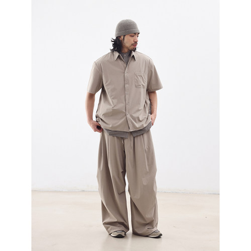 NOEARS日系cityboy米色假两件短袖衬衫夏季设计感宽松翻领衬衣男