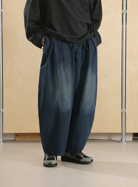 NOEARS春季复古风宽松系带阔腿蓝色牛仔裤美式简约痞帅通勤长裤