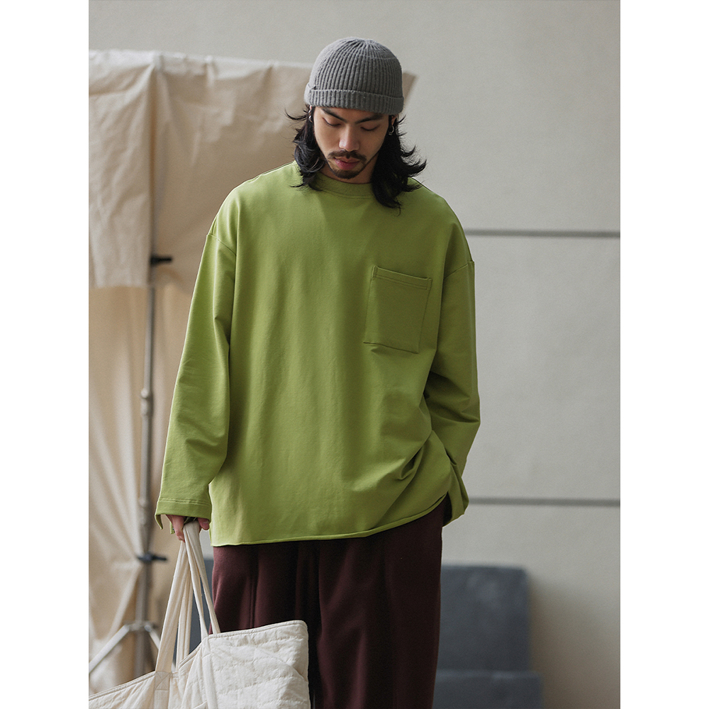 NOEARS秋冬复古牛油果绿色320G重磅长袖圆领T恤宽松落肩套头上衣