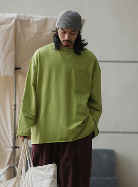 NOEARS秋冬复古牛油果绿色320G重磅长袖圆领T恤宽松落肩套头上衣