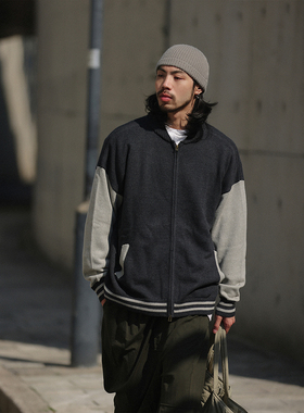 NOEARS秋冬撞色粗针毛衣深灰色开衫复古宽松日系棒球领痞帅外套