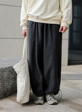 NOEARS日系复古深灰色摇粒绒宽松直筒束脚卫裤松紧腰抽绳休闲长裤