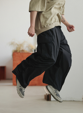 NOEARS日系复古黑色松紧腰大口袋工装裤春夏宽松直筒痞帅休闲裤