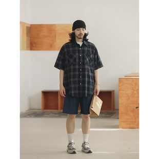 NOEARS日系复古cityboy藏青色格子短袖衬衫夏季宽松落肩休闲衬衣