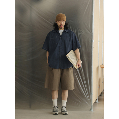 NOEARS夏季藏青细格纹复古宽松小众短袖衬衫日系cityboy情侣衬衣