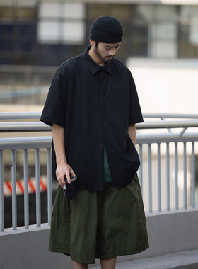 NOEARS黑色宽松武士衬衫男垂坠高级感暗门襟短袖衬衣日系复古痞帅