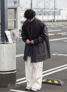 NOEARS日系复古深灰色中长款单排扣风衣男宽松立领工装外套薄款