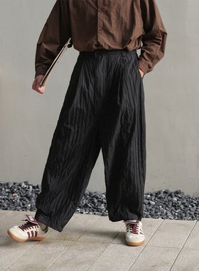 NOEARS日系褶皱肌理感cityboy宽松休闲裤春秋直筒抽绳复古长裤男