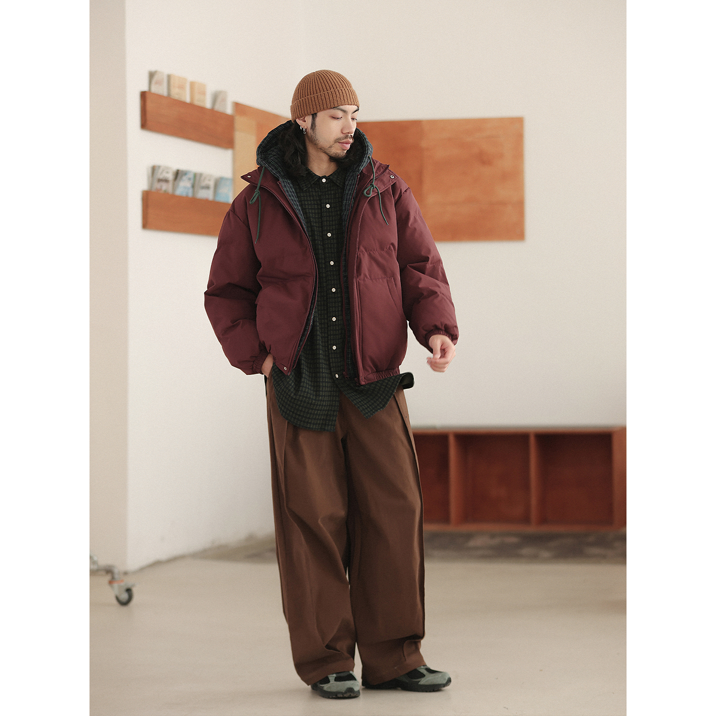 NOEARS冬季红色假两件拼接格子连帽保暖棉服日系宽松加厚休闲棉衣