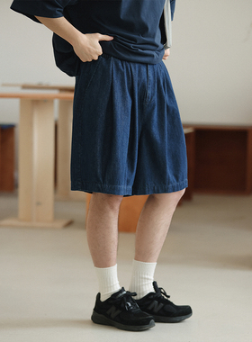 NOEARS春夏复古牛仔蓝色灯笼短裤日系cityboy松紧腰宽松五分裤