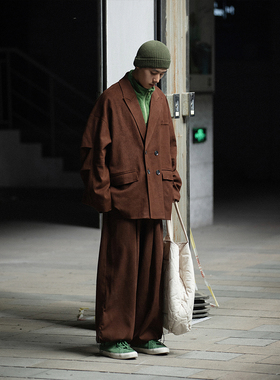 NOEARS复古棕咖色双排扣宽松休闲西装男秋冬日系复古cityboy外套