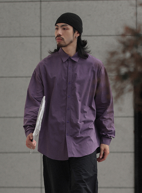 NOEARS秋季紫色翻领宽松Cityboy长袖衬衫男日系基础款纯色衬衣男