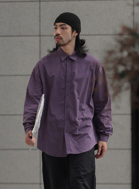 NOEARS春秋紫色翻领宽松Cityboy长袖衬衫男日系基础款纯色衬衣男