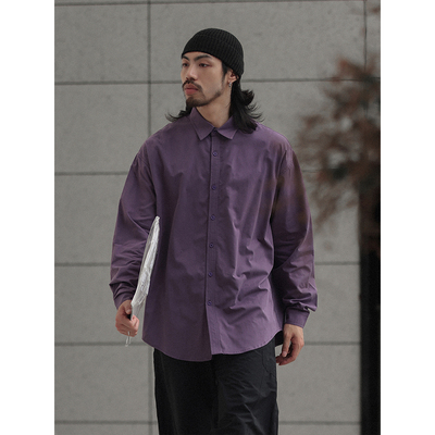 NOEARS春秋紫色翻领宽松Cityboy长袖衬衫男日系基础款纯色衬衣男
