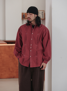 NOEARS设计感新年红色洗褪压褶宽松长袖衬衫日系复古小众翻领衬衣