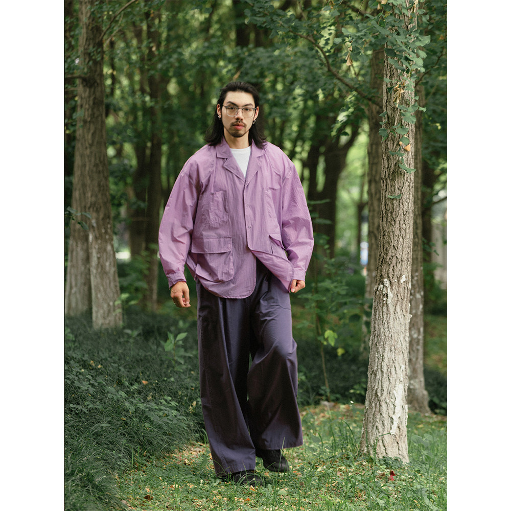 NOEARS紫色长袖多口袋西装领防晒服日系薄款宽松防水户外休闲夹克