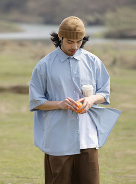 NOEARS日系复古宽松痞帅设计感短袖衬衫男垂坠感宽松蓝色衬衣