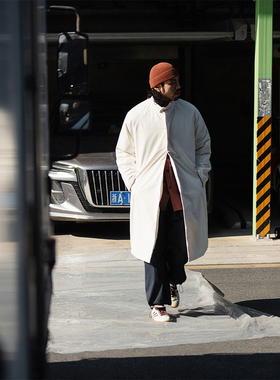 NOEARS冬季复古白色长款加棉防水立领外套日系单排扣插肩袖风衣