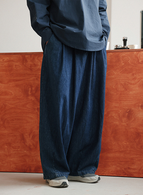 NOEARS春季复古蓝色宽松直筒长裤日系cityboy松紧腰阔腿牛仔裤