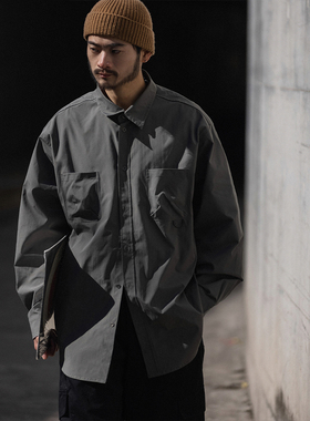 NOEARS深灰色细格纹工装痞帅衬衫男日系复古宽松落肩衬衣早春长袖