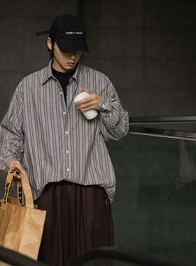 NOEARS日系咖色条纹雅痞棉衬衫男内搭宽松cityboy衬衣褂子长袖ins