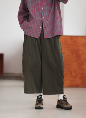 NOEARS春秋复古深灰绿色设计感分割休闲裤日系松紧腰宽松八分裤