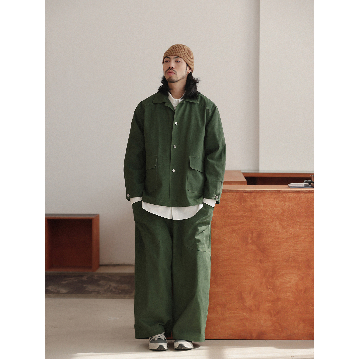 NOEARS秋季cityboy绿色翻领宽松长袖夹克日系复古设计感做旧外套