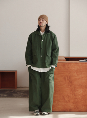 NOEARS春秋cityboy绿色翻领宽松长袖夹克日系复古设计感做旧外套