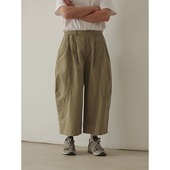 NOEARS春夏复古深卡其色宽松分割设计感休闲裤 日系松紧腰八分裤