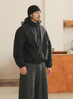 NOEARS黑色立领肌理感加厚加棉夹克男短款日系教练外套防风拉链衫