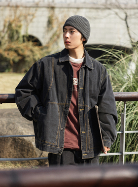 NOEARS复古水洗黑撞色线落肩牛仔翻领工装夹克外套宽松日系citybo