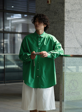NOEARS宽松通勤绿色衬衫男长袖cityboy薄款复古宽松翻领纯色衬衣