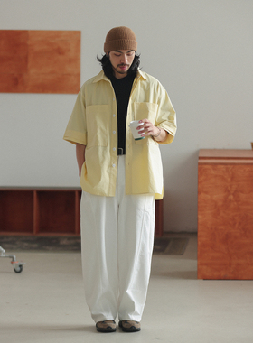 NOEARS夏季复古奶黄色宽松落肩袖贴袋工装衬衫cityboy日系短袖