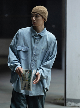 NOEARS复古浅蓝色做旧水洗牛仔廓形衬衫男宽松日系cityboy衬衣ins