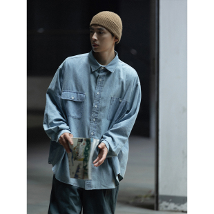 NOEARS复古浅蓝色做旧水洗牛仔廓形衬衫 男宽松日系cityboy衬衣ins