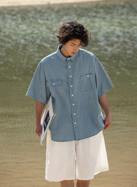 NOEARS复古浅蓝色做旧牛仔廓形短袖衬衫男夏季宽松日系翻领衬衣