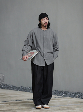 NOEARS日系cityboy灰色无领通勤长袖衬衫秋冬叠穿宽松落肩衬衣